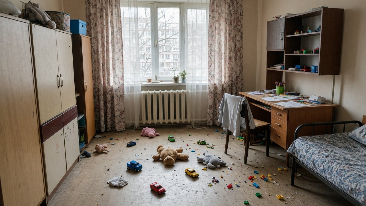 на полу в детской игрушки, одежда на стуле, бумаги на столе, обычная квартира